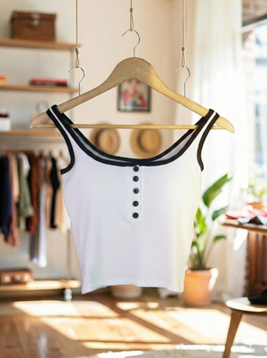 Button-Detail Padded Ribbed Tank