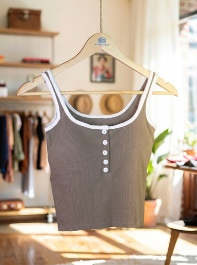 Button-Detail Padded Ribbed Tank