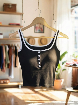 Button-Detail Padded Ribbed Tank