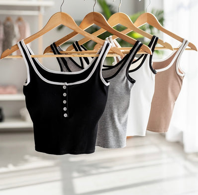 Button-Detail Padded Ribbed Tank